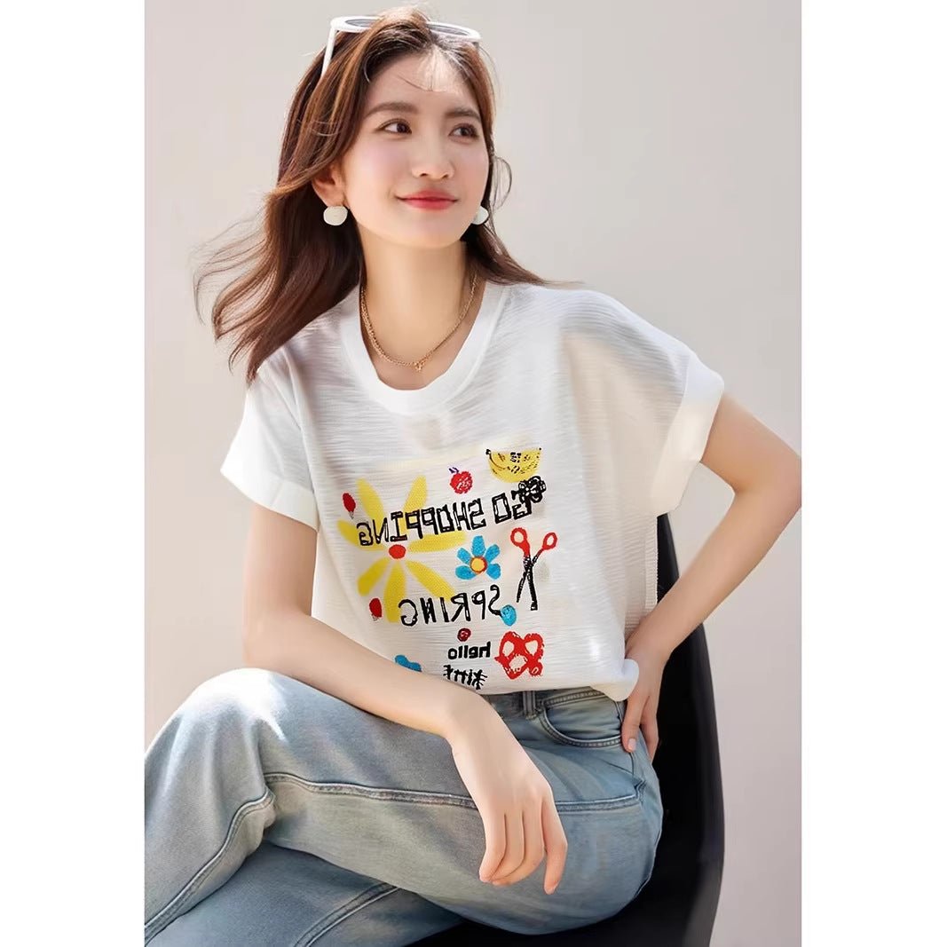 Bamboo Texture Linen Knit Short Sleeve T-Shirt Women Fashion Loose Bear Print Lightweight Layering Top - UrbanNest Co