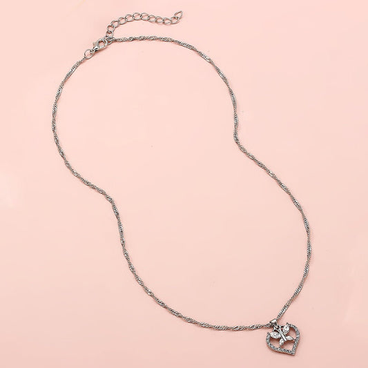Anniversary Jewelry Silver Chain Full Rhinestone Butterfly Heart Charm Necklace - UrbanNest Co