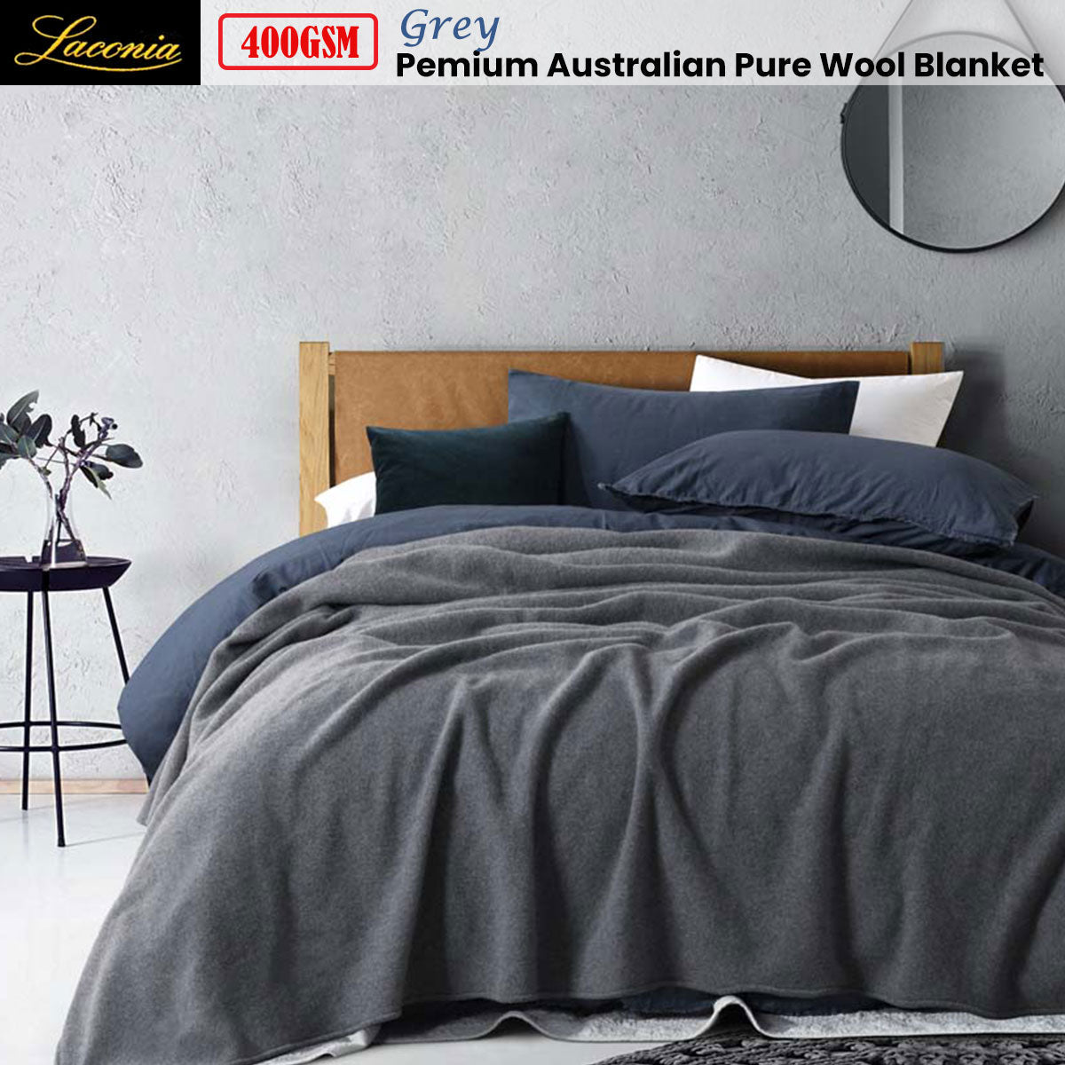 Laconia 400GSM Premium Australian Pure Wool Blanket Grey Double - UrbanNest Co