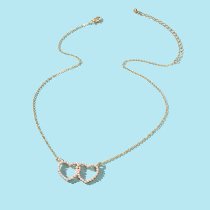 Elegant Gift Anniversary Jewellery Gold Chain Pearl Double Heart Charm Necklace - UrbanNest Co