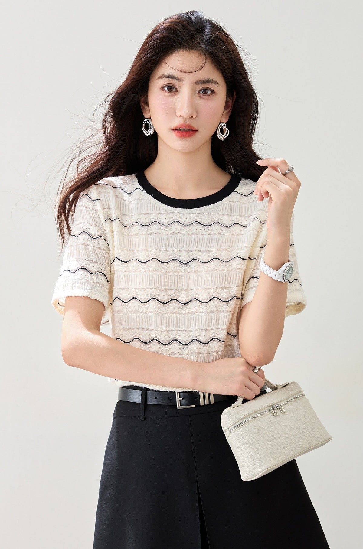 Chic Wave Stripe Lace T-Shirt for Women, Plus Size Loose Fit Short Sleeve,Summer Top - UrbanNest Co