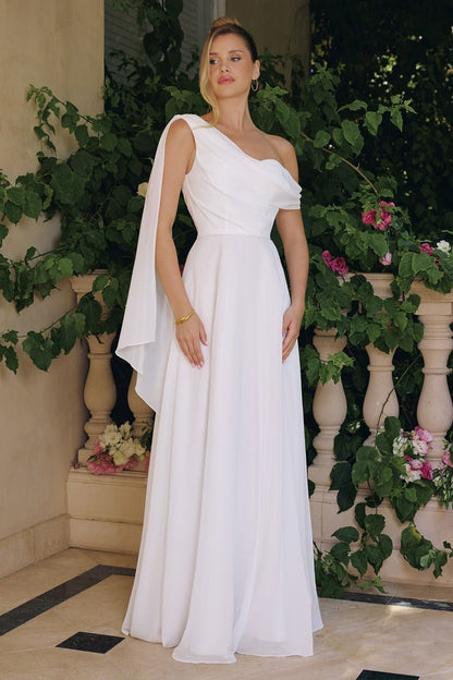Flowing chiffon gown, one - shoulder neckline A - line - UrbanNest Co