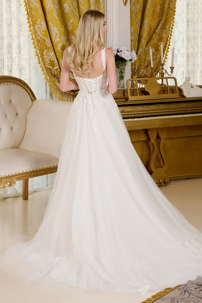 A - line wedding dress with V - neck and straps - UrbanNest Co