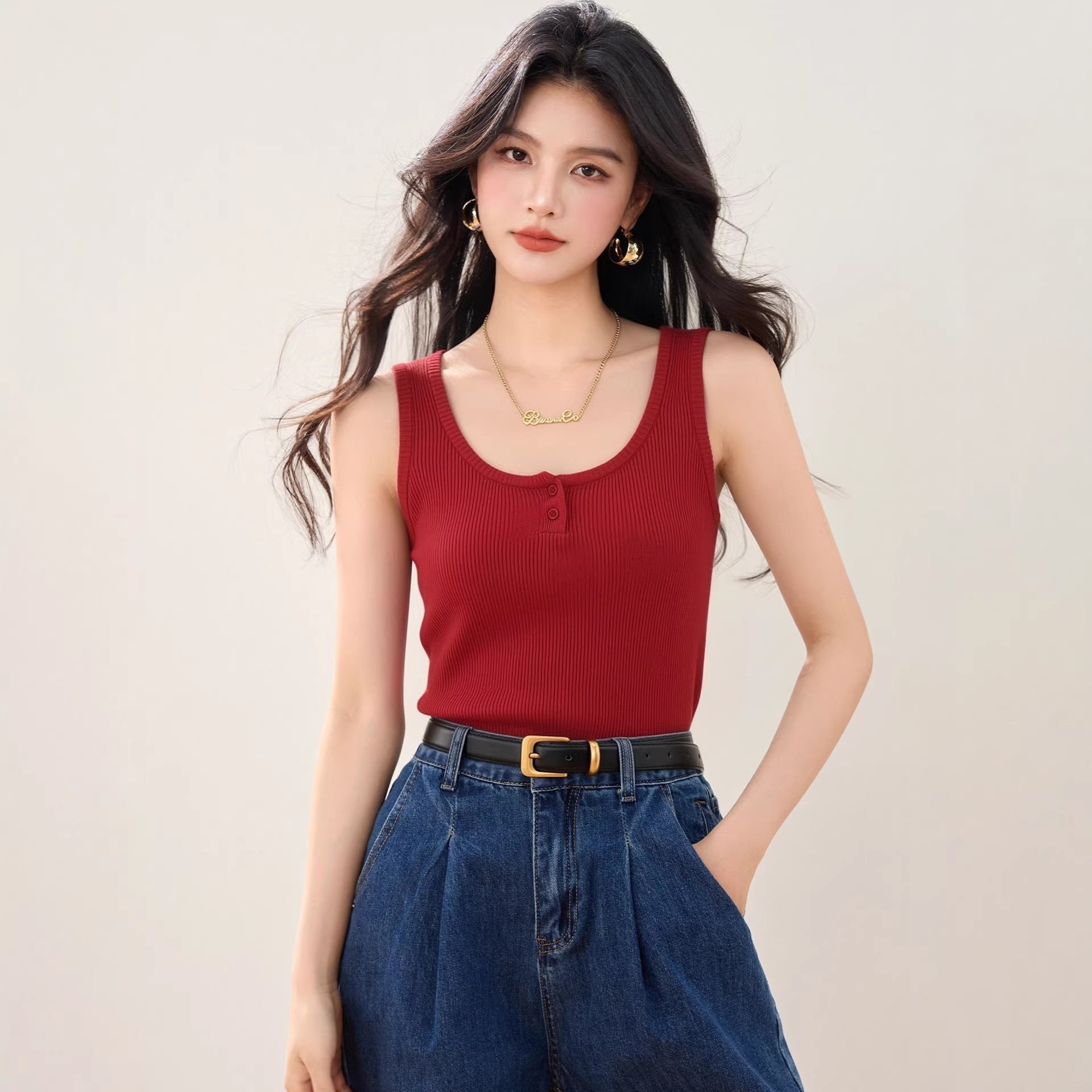 Half - Button Knit Tank Top for Women Red Sleeveless Top Round Neck Summer Casual Wear - UrbanNest Co