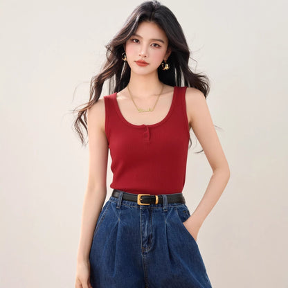 Half - Button Knit Tank Top for Women Red Sleeveless Top Round Neck Summer Casual Wear - UrbanNest Co