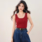 Half - Button Knit Tank Top for Women Red Sleeveless Top Round Neck Summer Casual Wear - UrbanNest Co