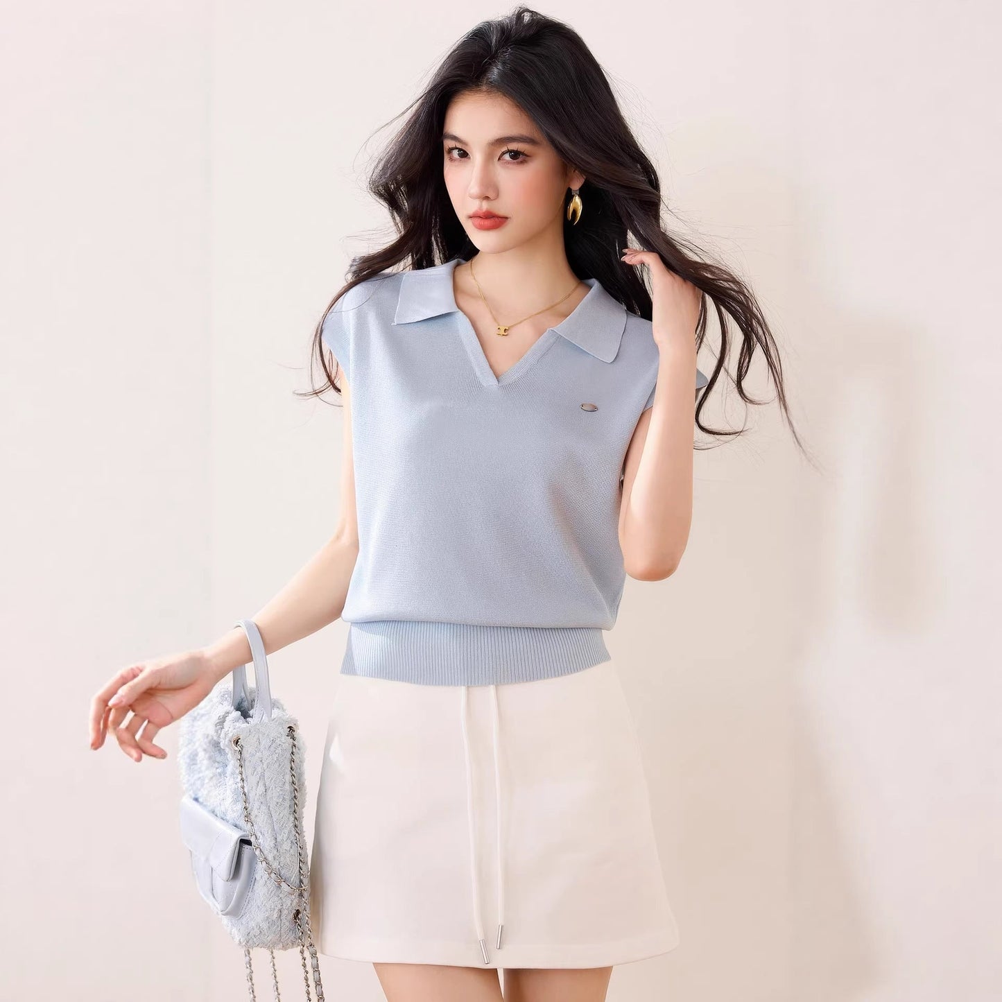 Blue Knitted Polo Shirt Women's Short Sleeve T-Shirt V - Neck Slim Fit Youthful and Brightening Top - UrbanNest Co