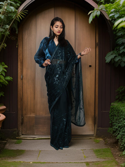 Designer Saree with Rhinestones & Sequin Work by Shreekama - UrbanNest Co