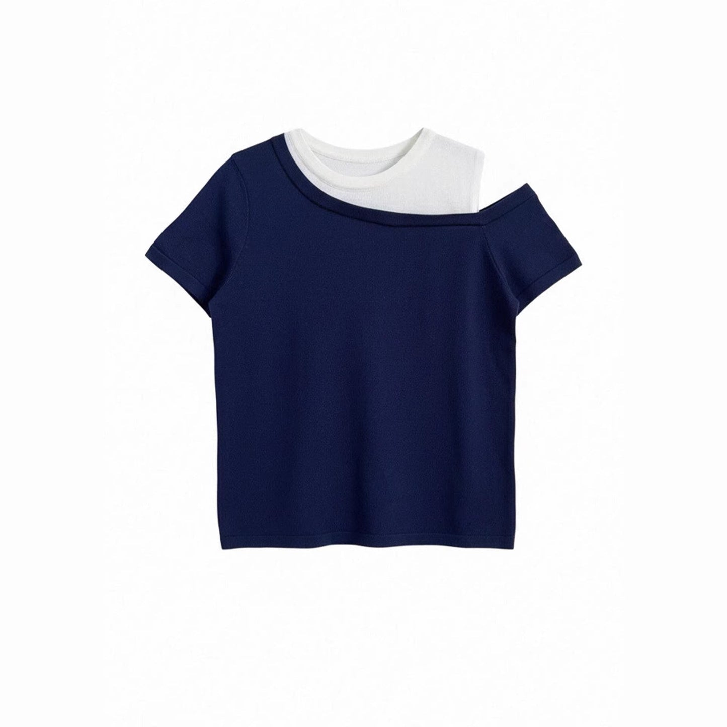 Asymmetric Two - Tone Ice Silk Knit Off - Shoulder Short Sleeve Top for Women Summer Casual - UrbanNest Co