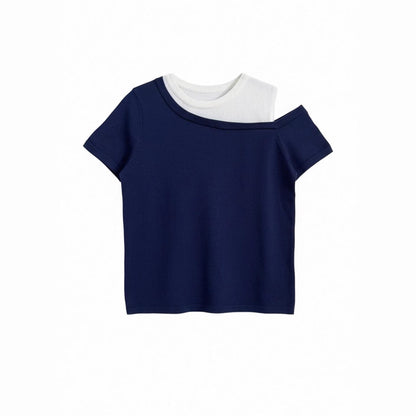Asymmetric Two - Tone Ice Silk Knit Off - Shoulder Short Sleeve Top for Women Summer Casual - UrbanNest Co