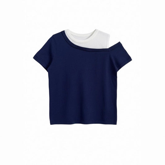 Asymmetric Two - Tone Ice Silk Knit Off - Shoulder Short Sleeve Top for Women Summer Casual - UrbanNest Co