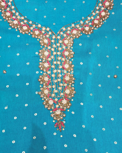 Teal Bandhani Dot Kurta Suit Set with Pearl Zardozi Neck & Ombre Leheriya Dupatta - UrbanNest Co