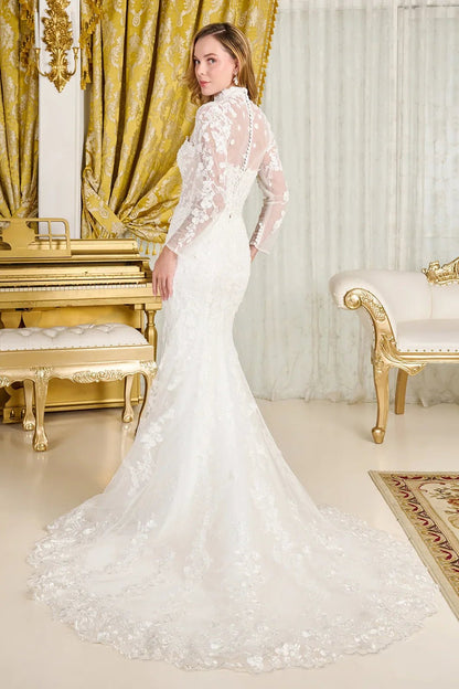 Wedding Dress With Trumpet Cut, Detachable Sheer High Neck Top And Long Sleeves - UrbanNest Co