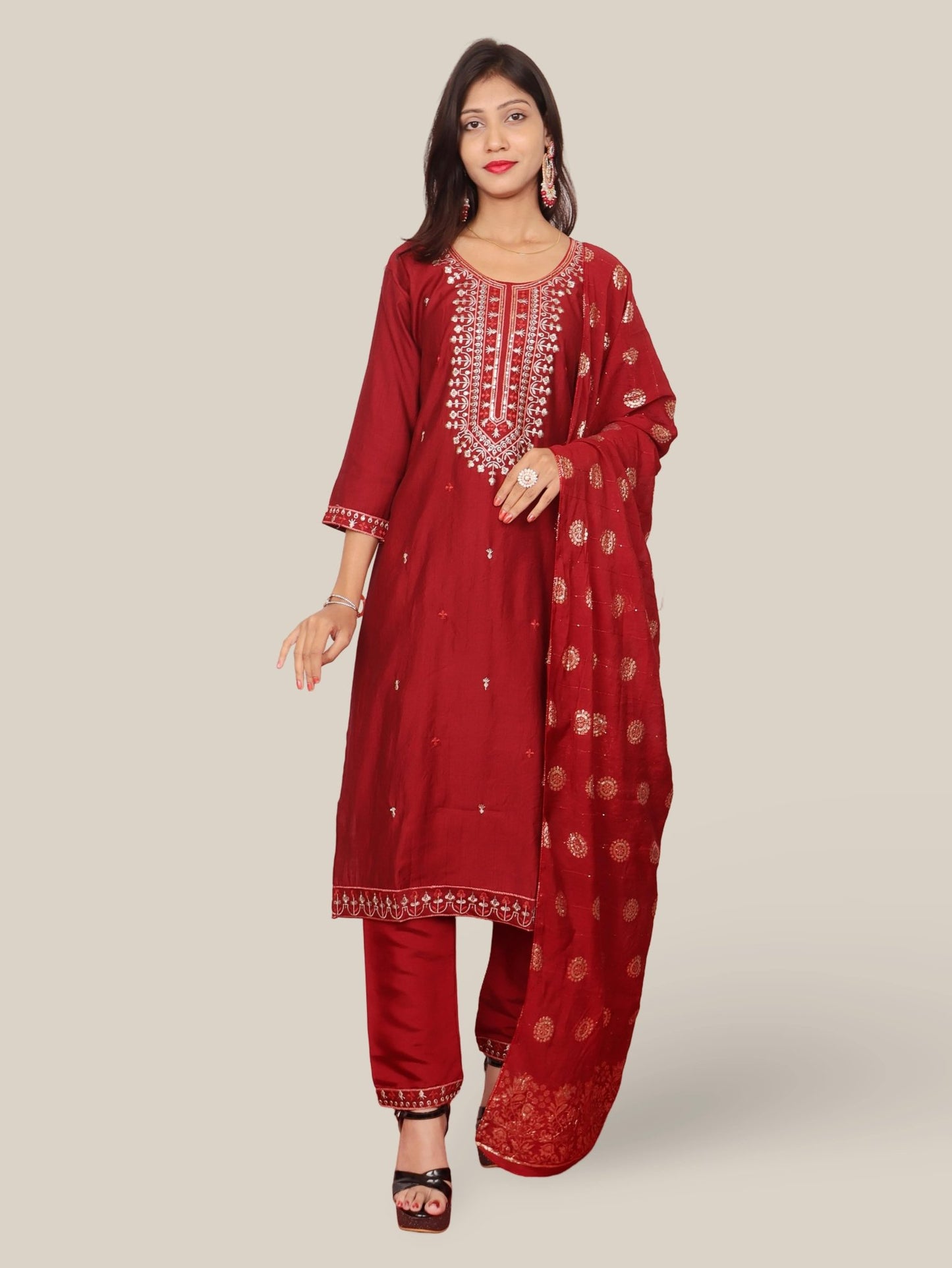 Rayon - Cotton Embroidered Straight Kurti Set with Pant and Dupatta - UrbanNest Co