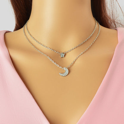 Dainty Silvery Layered Chain Rhinestone Decor Moon Star Pendant Necklace Women Daily Dating Birthday Gift Jewelry - UrbanNest Co