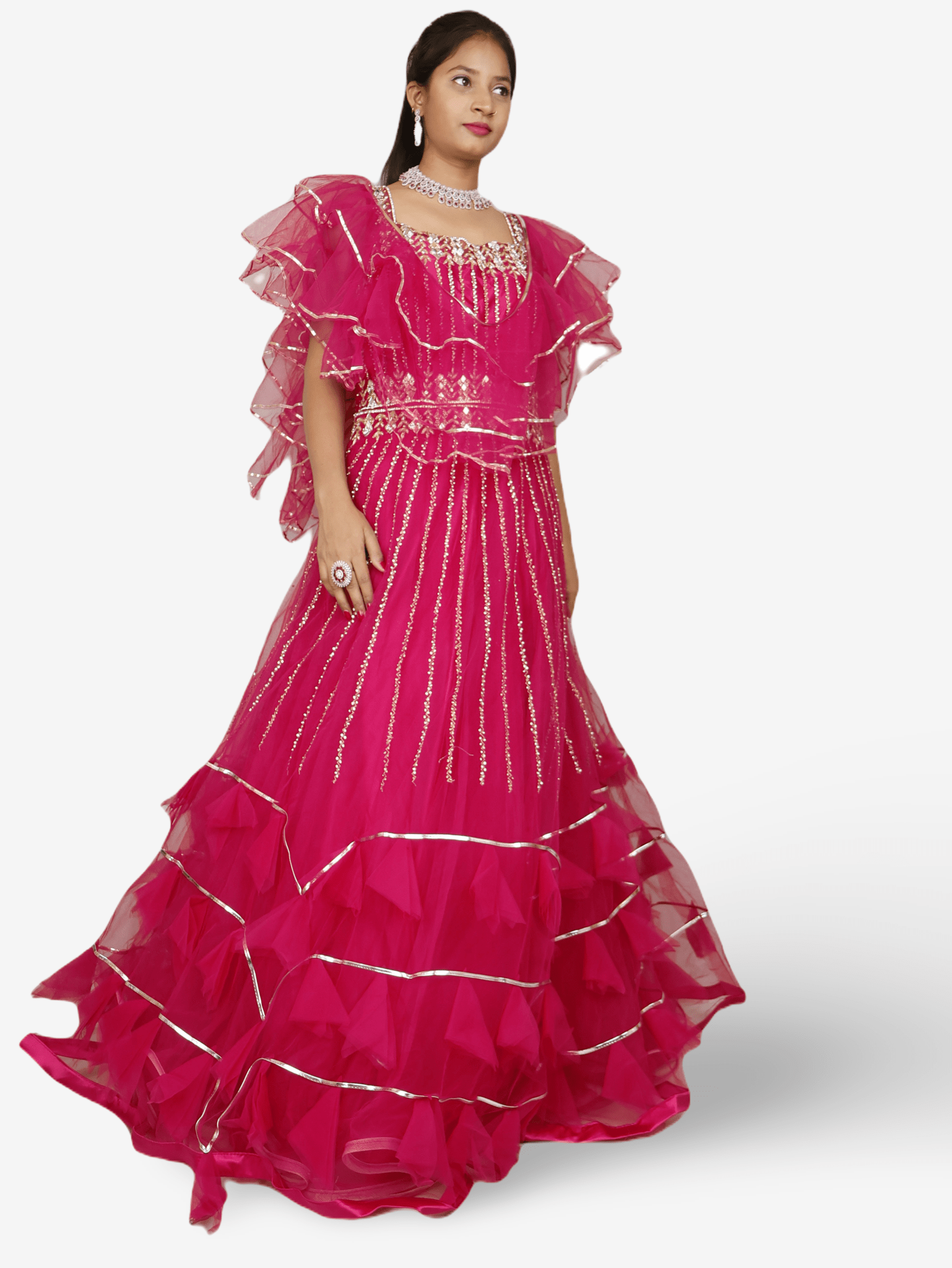 Magenta Pink Flare Gown Stone with Mirror Work for Women by Shreekama - UrbanNest Co