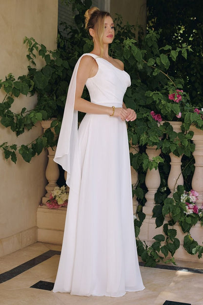 Flowing chiffon gown, one - shoulder neckline A - line - UrbanNest Co