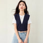 Navy Blue Fake Two - Piece V - Neck Short Sleeve Regular Shoulder T-Shirt for Women Summer Unique Design Casual Top, Lightweight - UrbanNest Co