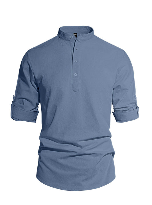 Men's Cotton Linen Henley Collar Solid Color Lightweight Long Sleeve Button - Down Shirt - UrbanNest Co