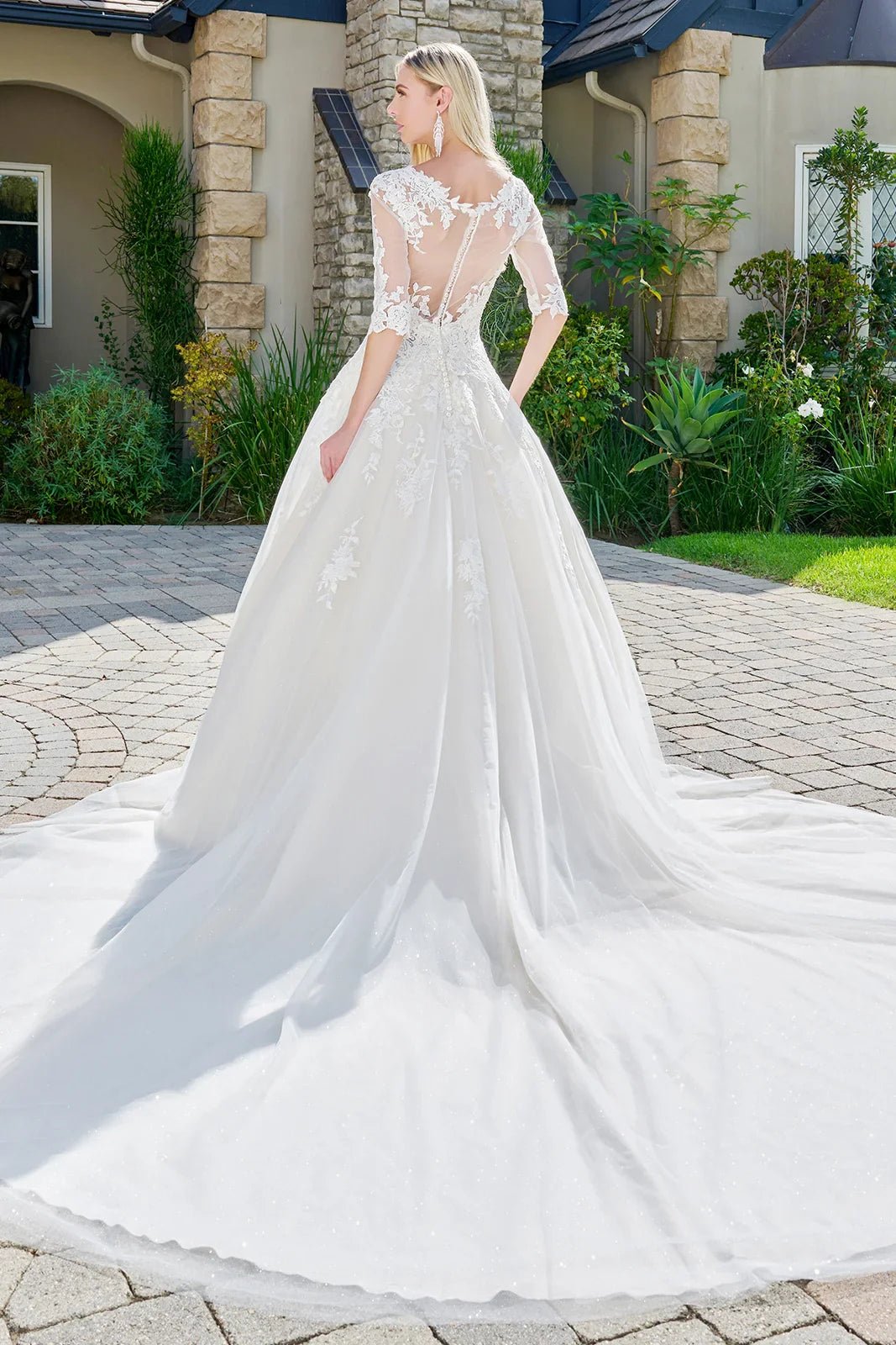Wedding dress with V - neck, embroidered sparkly mesh and 1/2 sleeves - UrbanNest Co