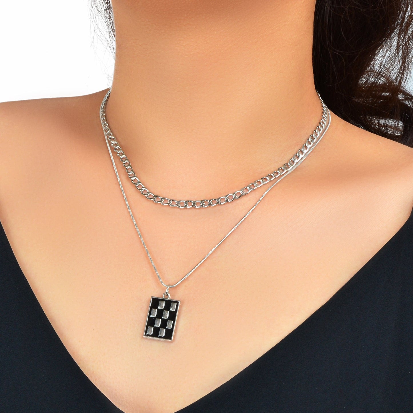 Street Double Layer Silvery Chain Black Silver Checkered Rectangle Geometric Pendant Necklace School Daily Accessory - UrbanNest Co