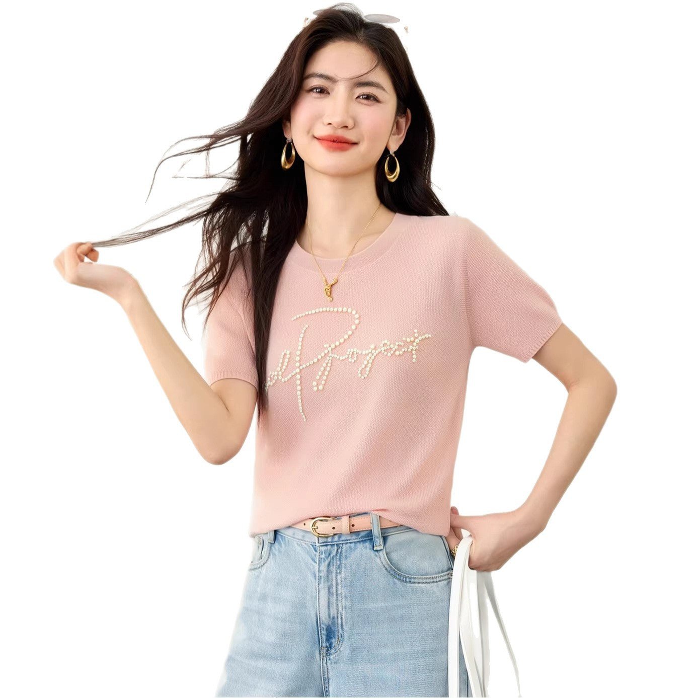 Chic Fashion Style Beaded T-Shirt for Women Short Sleeve Casual Design Top - UrbanNest Co