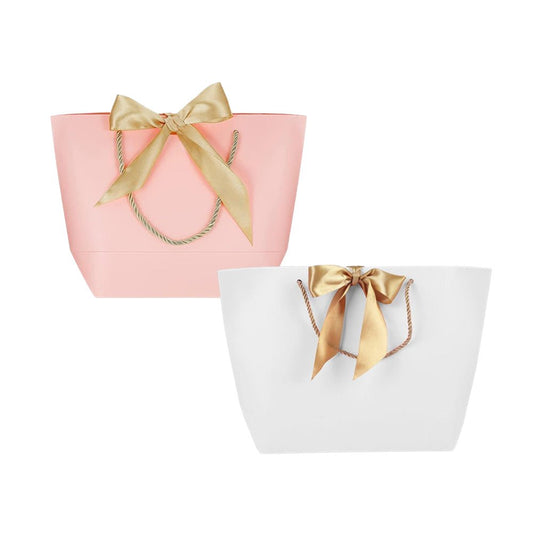 50PCS Paper Gift Bags with Ribbon Bow Handle 14x7x15cm White or Pink - UrbanNest Co