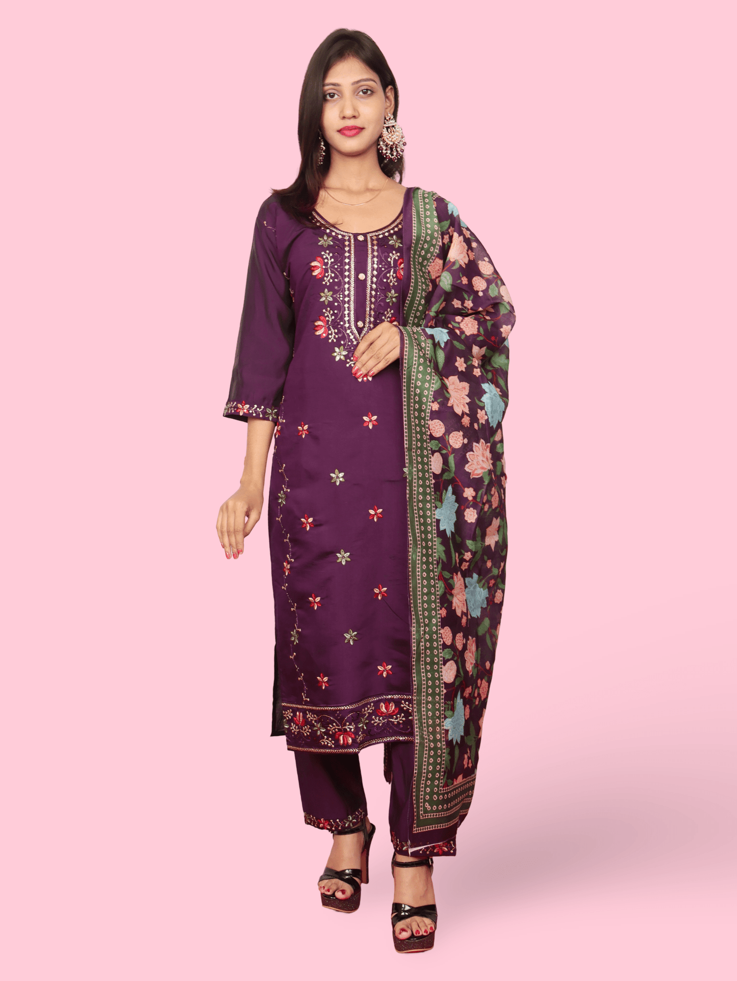 Rayon - Cotton Embroidered Straight Kurti with Pant and Dupatta - UrbanNest Co