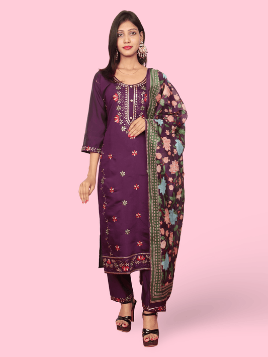 Rayon - Cotton Embroidered Straight Kurti with Pant and Dupatta - UrbanNest Co