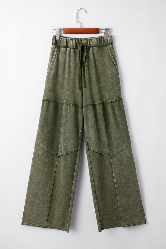 Mineral Wash Patchwork Tiered Wide Leg Pants - UrbanNest Co