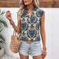 Vintage Literary Print Stand - Up Collar Open Front Short Flutter Sleeve Shirt - UrbanNest Co