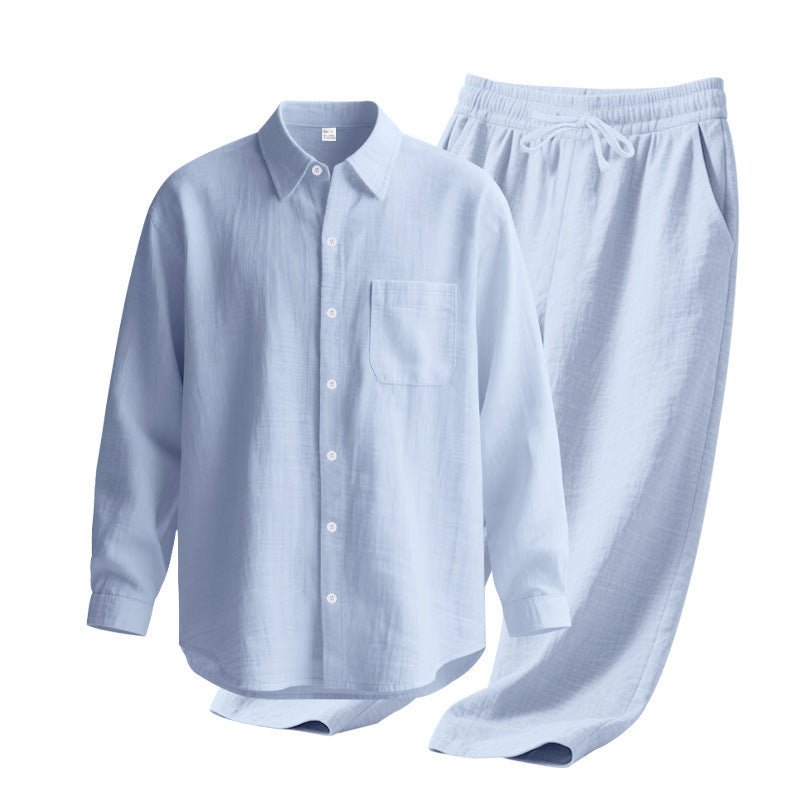 Linen solid color lapel buckle casual long sleeved pants men's suit - UrbanNest Co