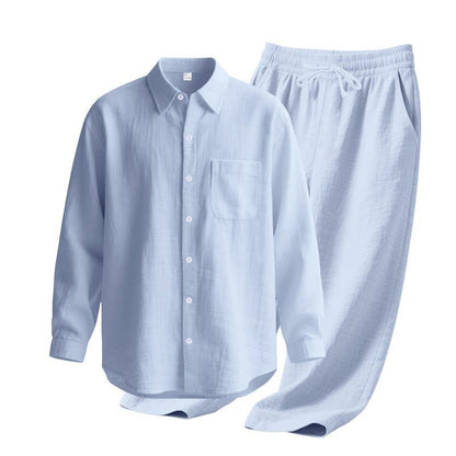 Linen solid color lapel buckle casual long sleeved pants men's suit - UrbanNest Co