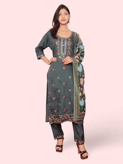 Rayon - Cotton Embroidered Straight Kurti with Pant and Dupatta - UrbanNest Co