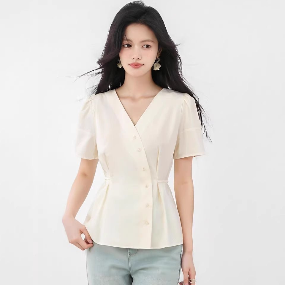 Tie Waist V - Neck Short Sleeve Blouse Women Summer Fashion Chic Slim Fit Crop Top - UrbanNest Co