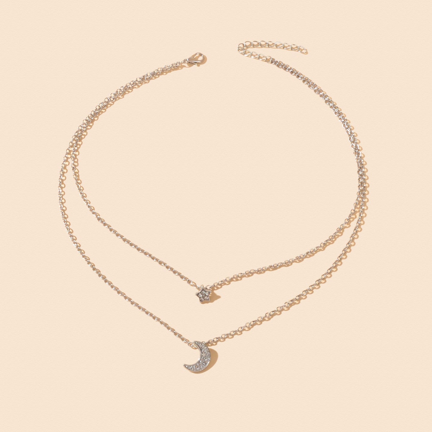 Dainty Silvery Layered Chain Rhinestone Decor Moon Star Pendant Necklace Women Daily Dating Birthday Gift Jewelry - UrbanNest Co