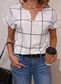 Plaid Print Notched Neck Blouse, Casual Short Sleeve Blouse For Spring - UrbanNest Co