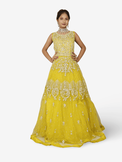 Lemon yellow gown with mirror and pearl work to soft net fabric for women by Shreekama - UrbanNest Co