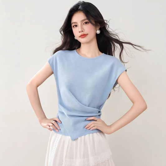 Blue Short Sleeve T-Shirt for Women with Small Flared Sleeves Regular Shoulder Knitted Ice Silk DesignShort Length Summer Style Top - UrbanNest Co