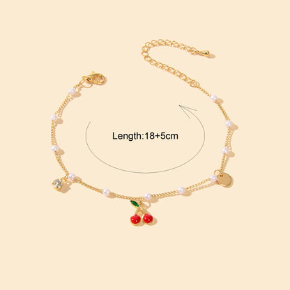 Pearl Beads Disc Charm Gold Chain Red Cherry Charm Bracelet Women Dainty Gift - UrbanNest Co