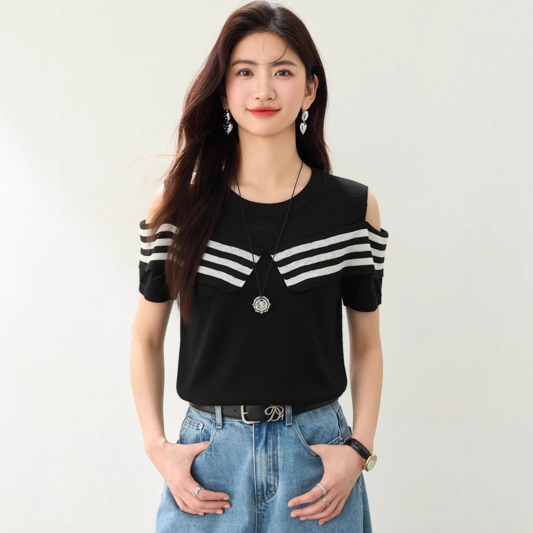 Shoulder - Baring Color - Blocking Stripe Design Short Sleeve Knit Top for Women, Slim - Fitting Chic Streetwear Style - UrbanNest Co