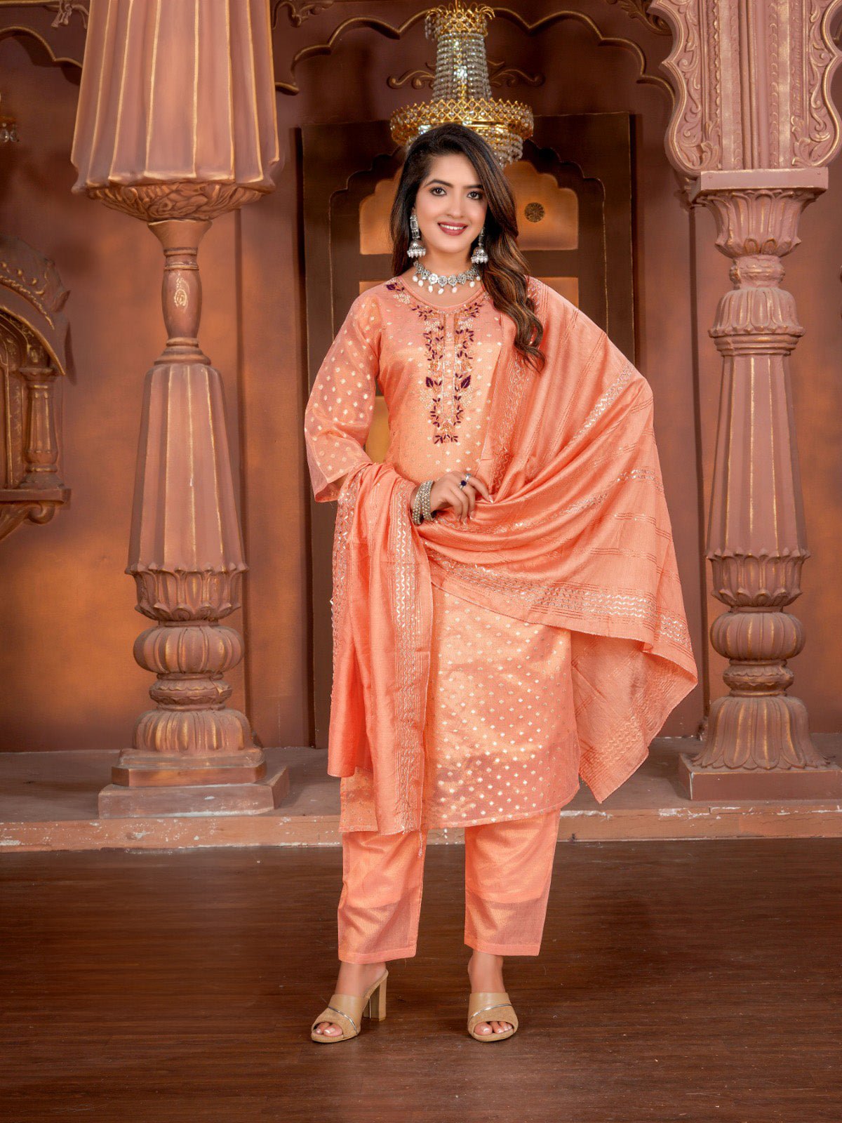 Silk Embroidered Straight Kurti with Pant and Dupatta - UrbanNest Co