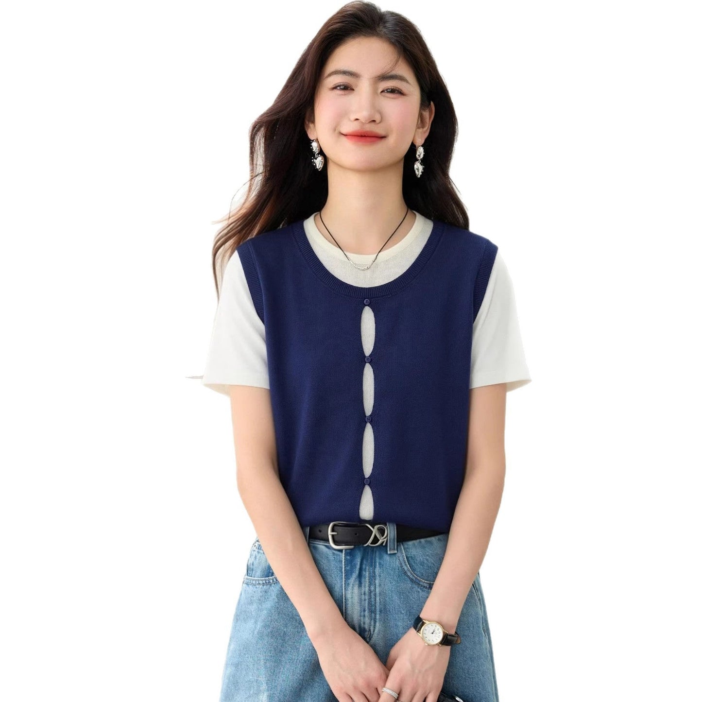 Simple Two - Piece Short Sleeve Top for WomenColor - Block Knit T-Shirt with Unique Design and Elegant Style - UrbanNest Co