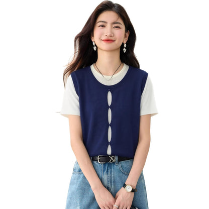 Simple Two - Piece Short Sleeve Top for WomenColor - Block Knit T-Shirt with Unique Design and Elegant Style - UrbanNest Co