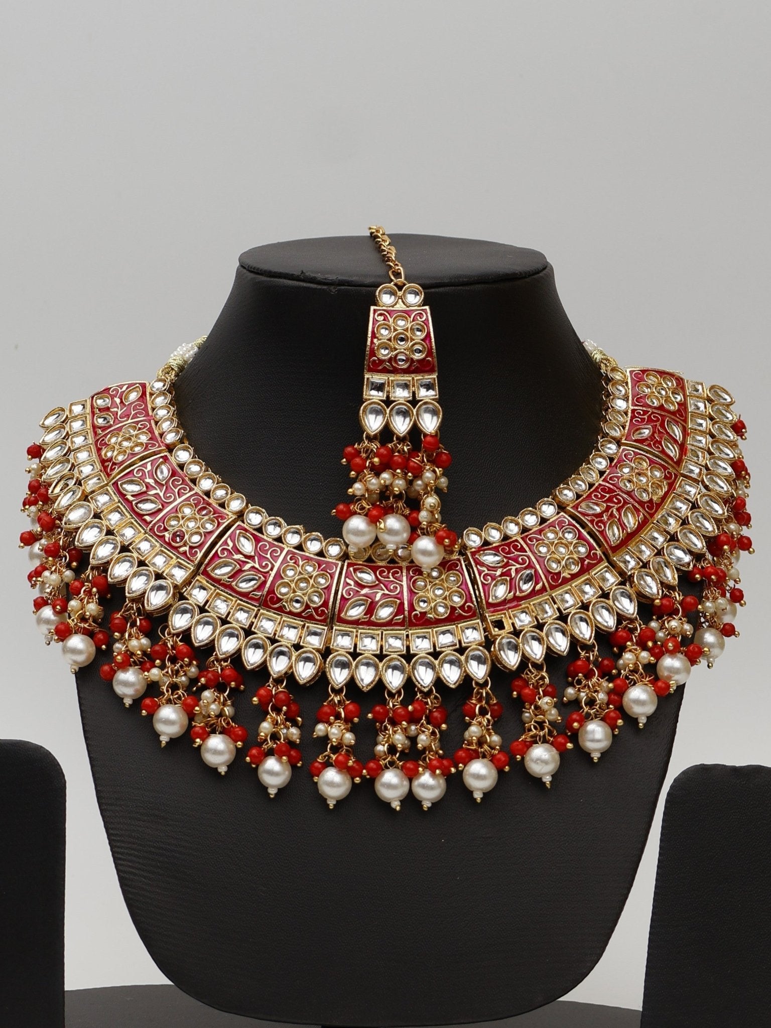 Red Meenakari Kundan & Pearl Necklace Set with Earrings & Mang Tikka. - UrbanNest Co