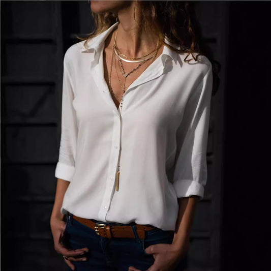 Ladies' Long Sleeve Deep V - Neck Buttoned Chiffon Blouse - UrbanNest Co