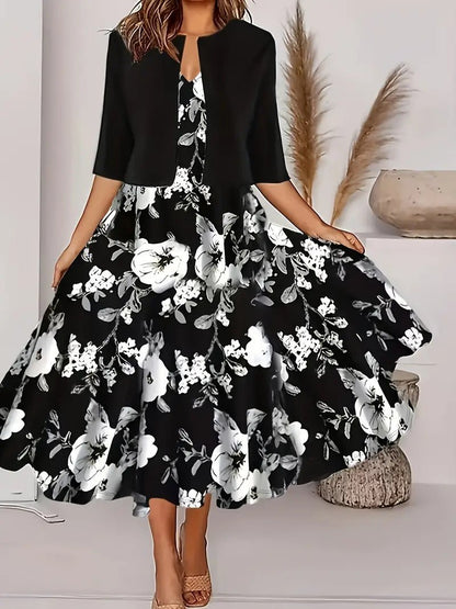 Two - piece long dress with floral and grass print, round neckline - UrbanNest Co