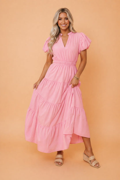 Solid V - Neck Short Puff Sleeve Tiered Maxi Dress - UrbanNest Co