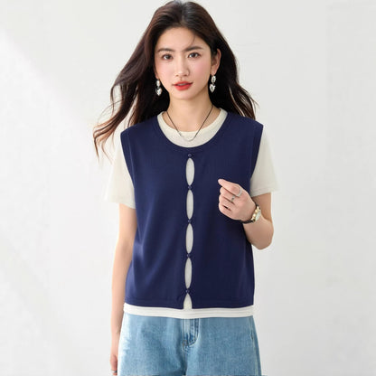 Simple Two - Piece Short Sleeve Top for WomenColor - Block Knit T-Shirt with Unique Design and Elegant Style - UrbanNest Co