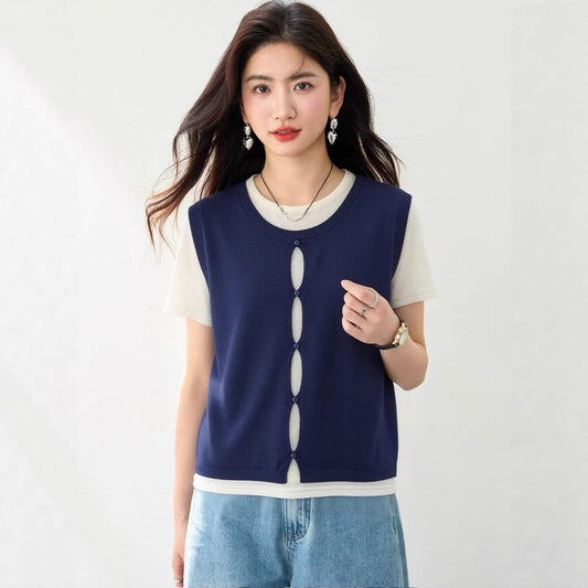 Simple Two - Piece Short Sleeve Top for WomenColor - Block Knit T-Shirt with Unique Design and Elegant Style - UrbanNest Co